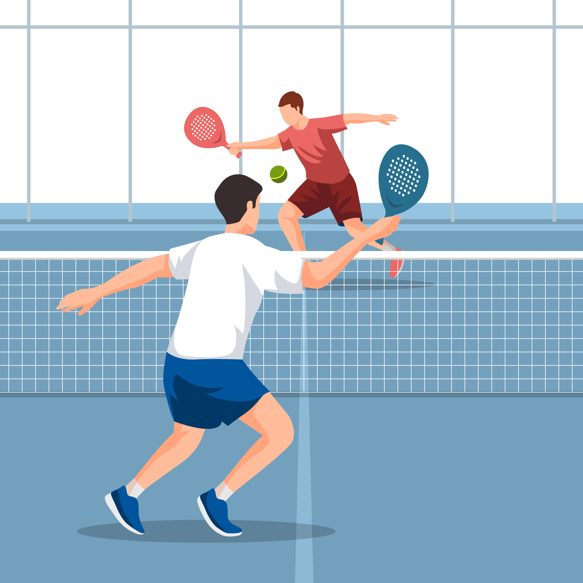 Tekening van twee poppetjes die samen padel spelen op een padelbaan"